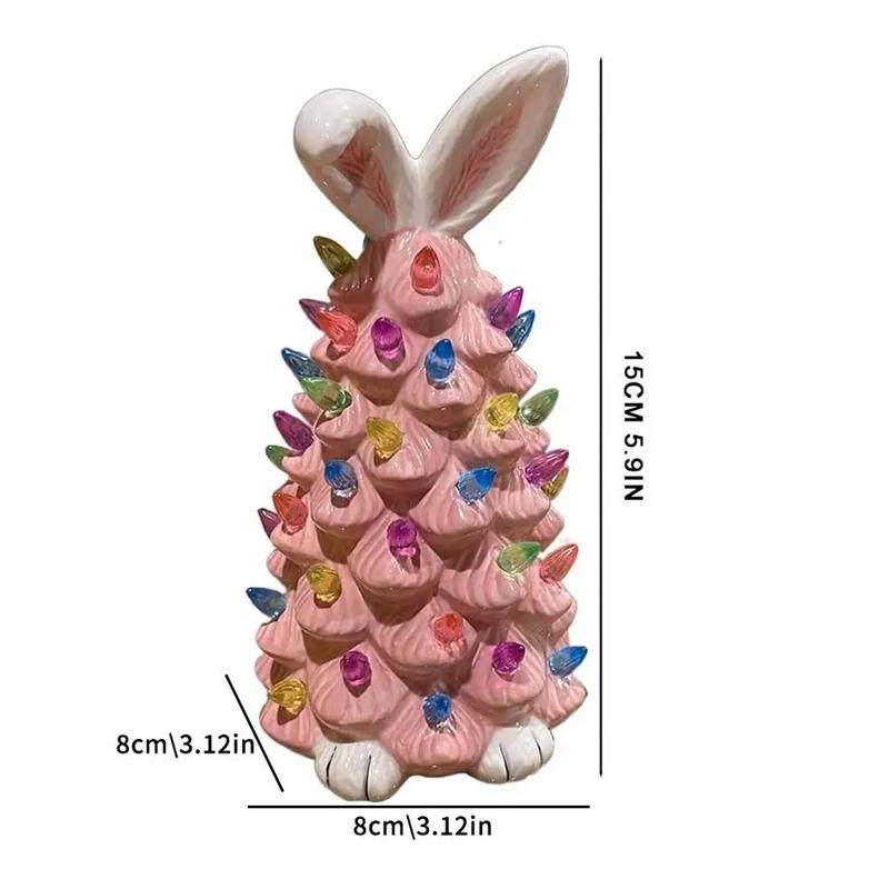 Happy Easter Bunny Tree Resin Bunny Figurines W/ Colorful Beads Tabletop Decor Lights Up Rabbits Spring Easter Decorations Gifts