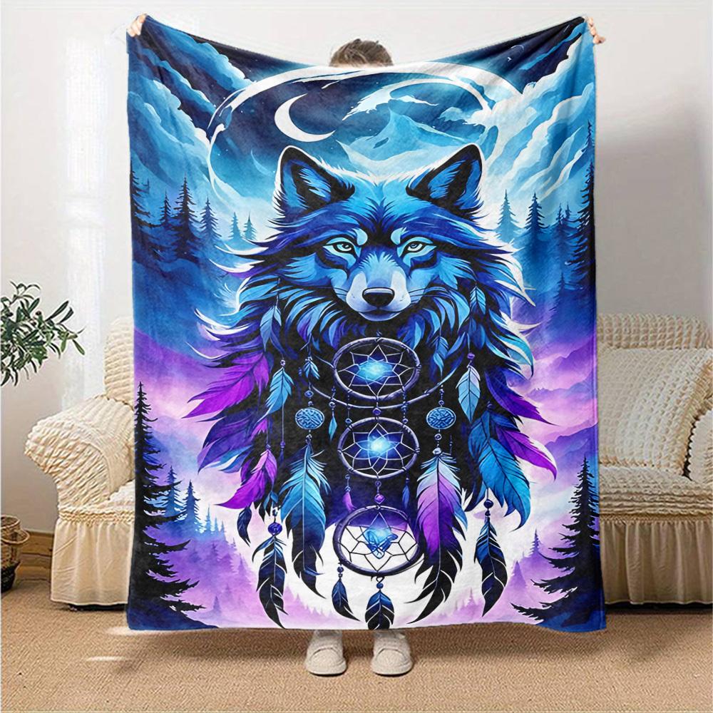 1pc Wolf Dreamcatcher Throw Blanket Soft Flannel, Cozy All Season Polyester Perfect for Home, Office