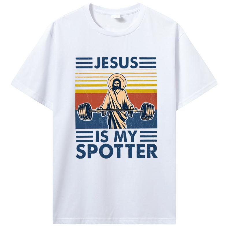 Herren Bodybuilding T-Shirt Pumping Training Crossfit Schwarzes T-Shirt Fitness Jesus Ist Mein Spotter T-Shirt Baumwoll-Tees Streetwear