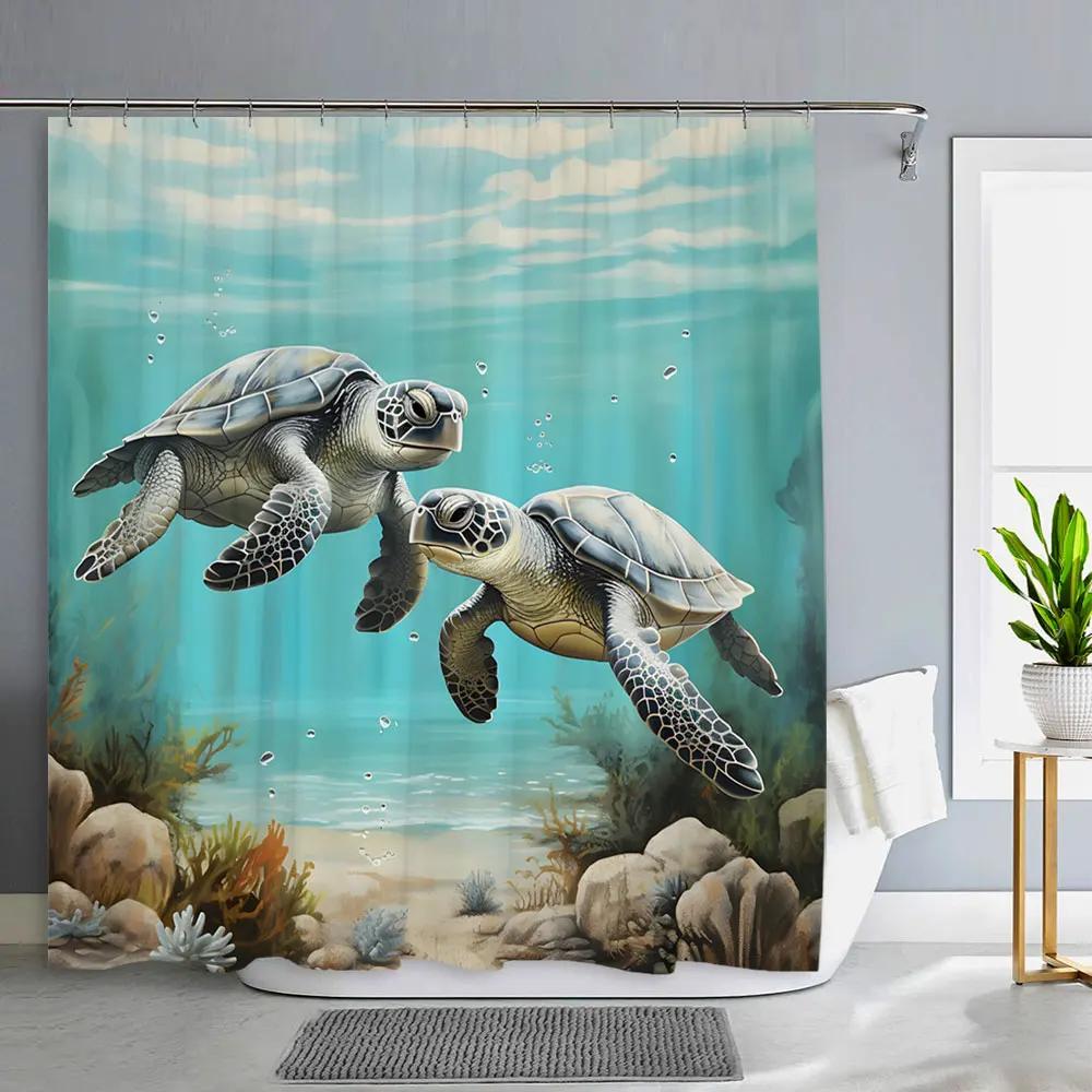 Ocean Animals Bathroom Curtains Watercolour Octopus Jellyfish Turtle Polyester Fabric Washable Shower Curtains Bathroom Decor