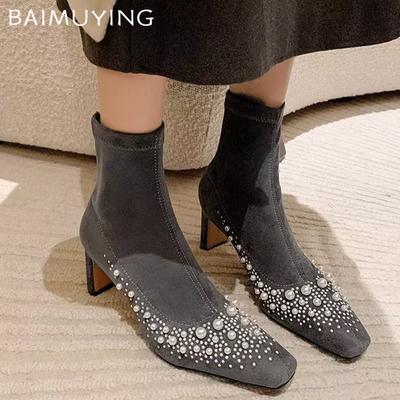 Bead Crystal Women Ankle Boots Suede Square Toe Fashion Mid Heels Winter Shoes 2025 Trend Chunky Pumps Designer Botas De Mujer
