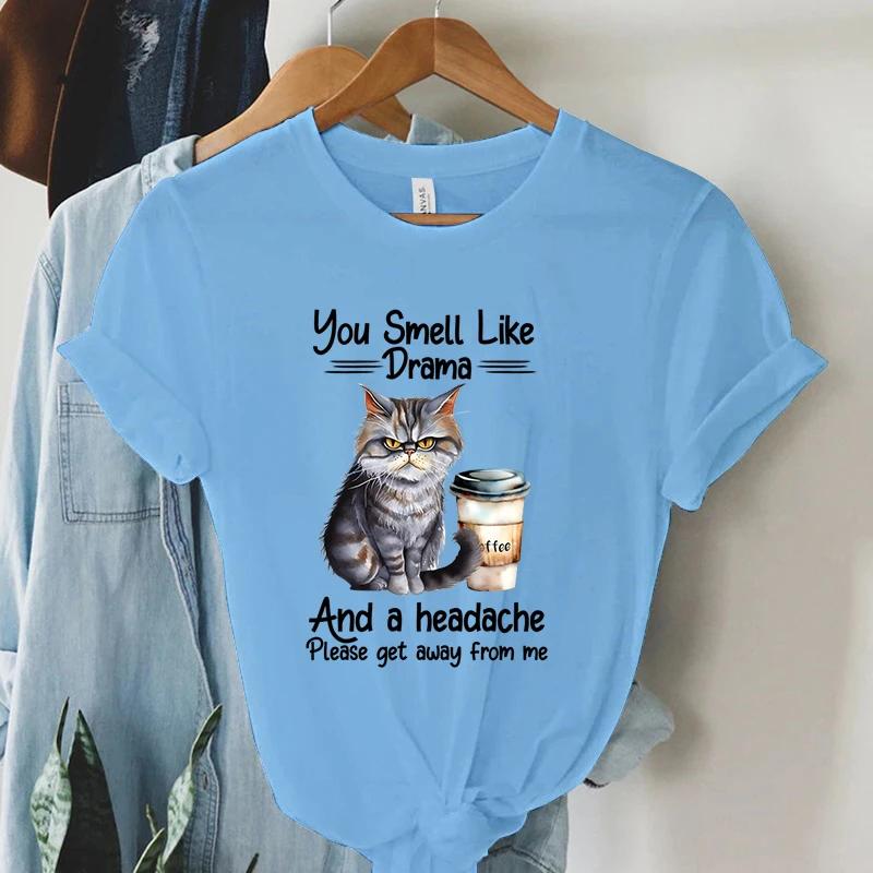 Coffee Cat T Shirt Fashion Casual Tee Shirt Female Black Cat Graphic T Shirt New Spoof Women Clothing High Street Camiseta Mujer