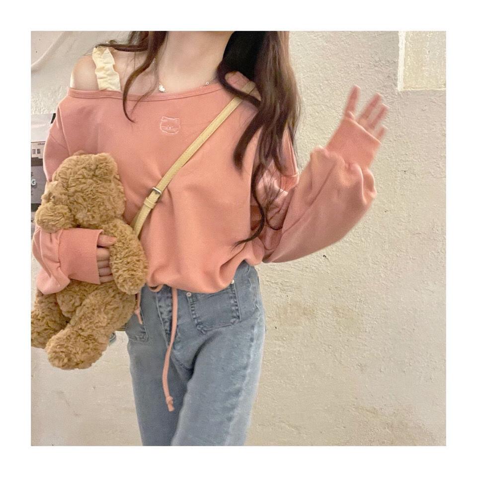 Süße Rosa Cropped Hoodies Y2k Kleidung Damen Katzenstickerei Schulterfrei Locker Kordelzug Rundhals Sweatshirt