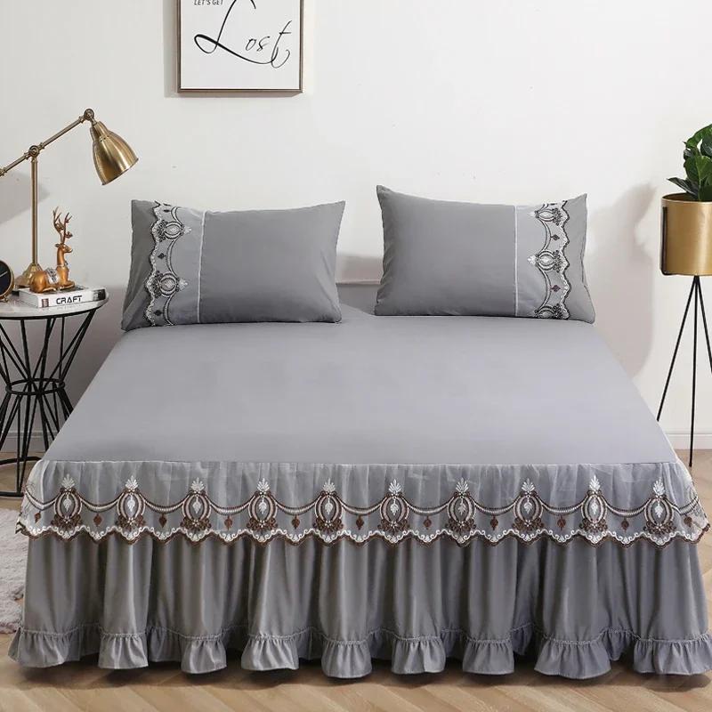 3pcs Bed Skirt Bedspread Pillowcase Ruffle Lace Anti Slip 1.8x2.0m Bed Cover Solid Colour Lace Mattress Dust Bedding Cover
