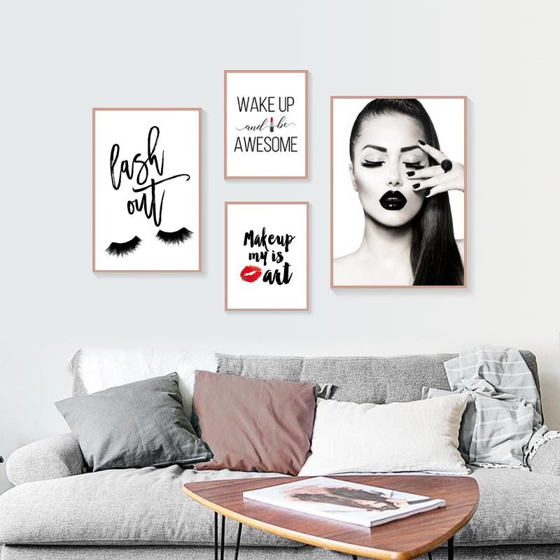 Makeup Girl Wall Pictures Art Print Life Beautiful Quote Canvas Painting Red Lip Art Poster Eyelash Wall Decor HD2705