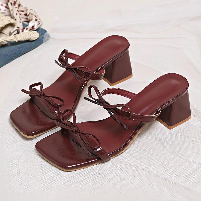 Fashion Fashion Wine Red Pu Leather High Heel Sandals Bowtie Decor Square Toe Party Slippers 2025 Summer Comfort Square Heels Sandals