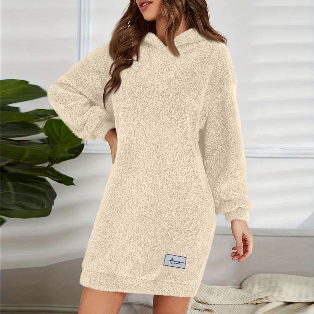 Abito da donna alla moda con cappuccio a maniche lunghe in peluche tinta unita felpa casual