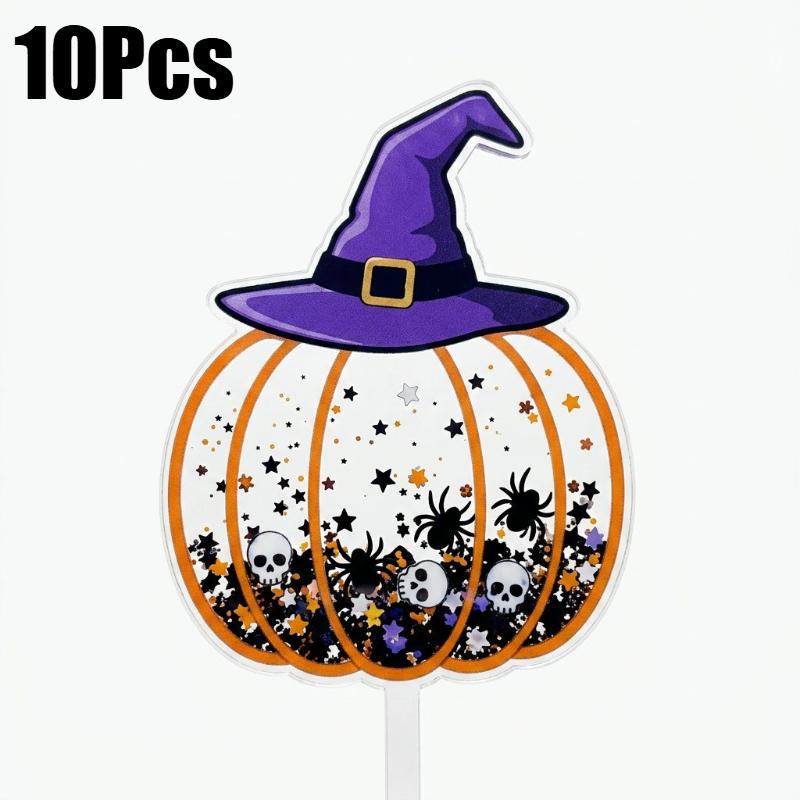 10Pcs Acrylic Halloween Cake Toppers Reusable Ghost Pumpkin Skull Cupcake Picks Spooky Dessert Decorations for Halloween Party