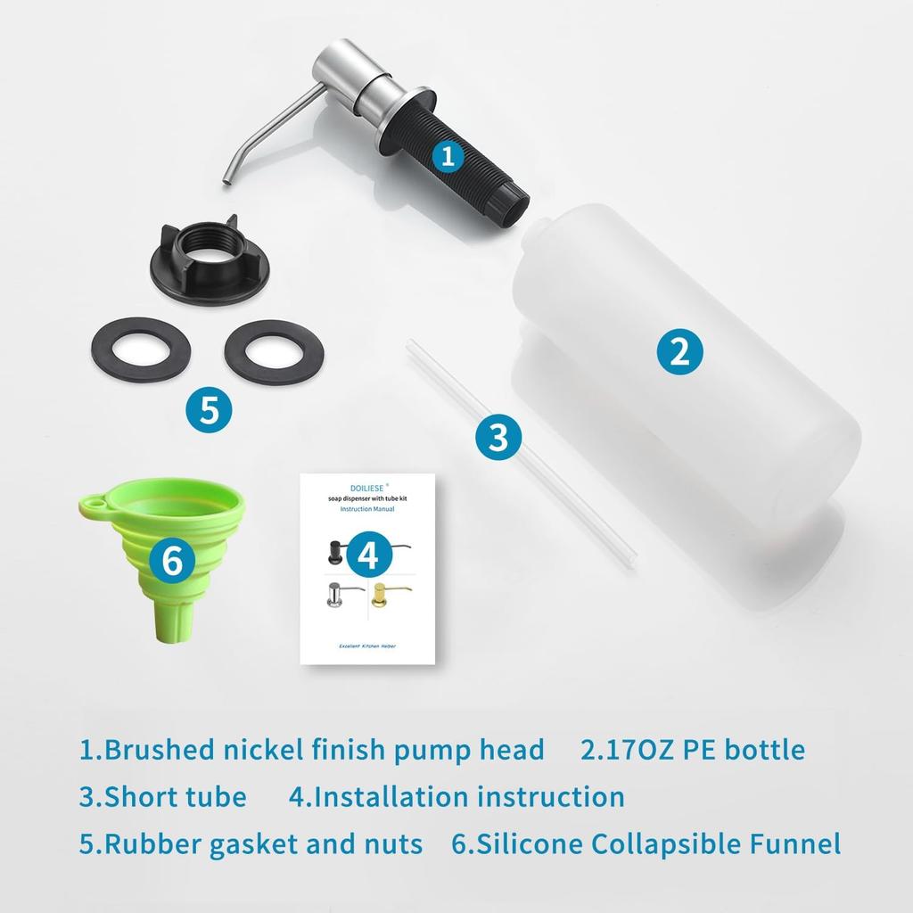 Built in Soap Dispenser for Kitchen Sink, Brushed Nickel Stainless Steel Countertop Pump Head (Plastic Built-in), Dish Soap Hand Lotion Dispenser