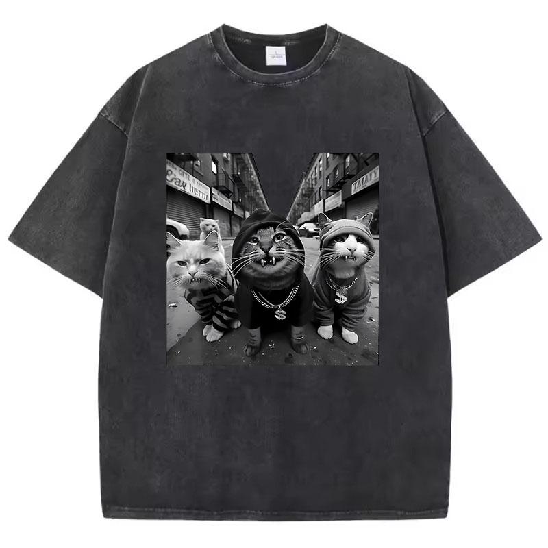 Streetwear Cat Hip Hop T Shirt Vintage Washed Cotton T-Shirt Graphic Tee Casual Streetwear Spring Summer Tee