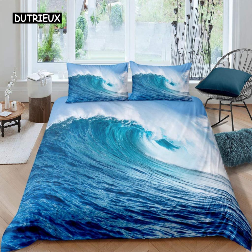 Ocean Wave Duvet Cover Set Beach with Foamy Waves Twin Bedding Set Polyester Sea Shore Holiday Theme Queen King Size Quilt Cover