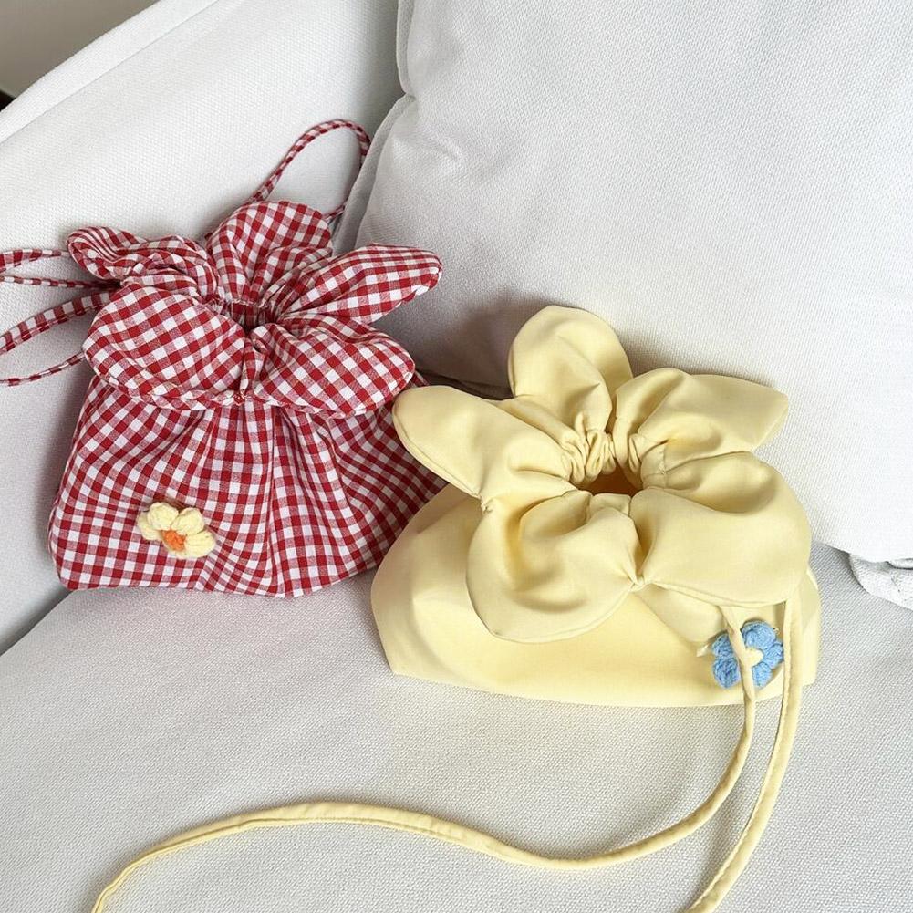 Casual Plaid Drawstring Floral Handbag Large Capacity Portable Cute Flower Handbag Shopping Vacation Travel