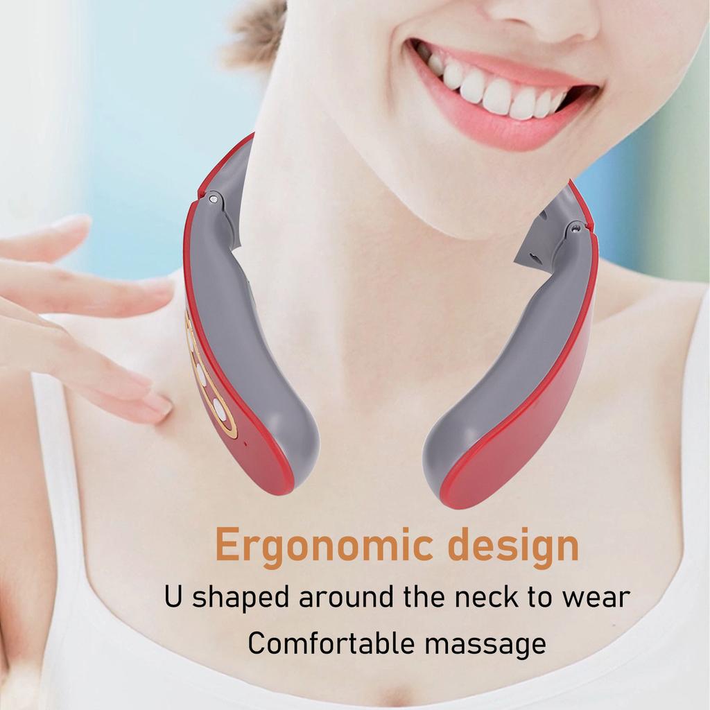 Electric Pulse Neck Massager with Heat 6 Modes 9 Levels 4 Pads Cordless Cervical Spine Massager Red