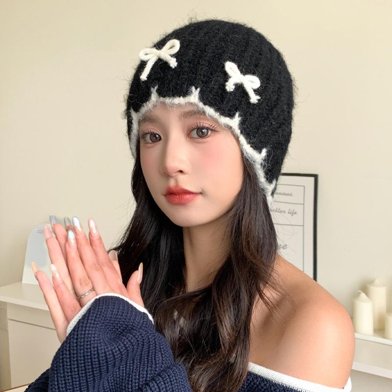 Women's Autumn and Winter Sweet and Versatile Bow Knitted Wool Hat Korean Style Big Head Surround Head Hat Warm Cold Hat New