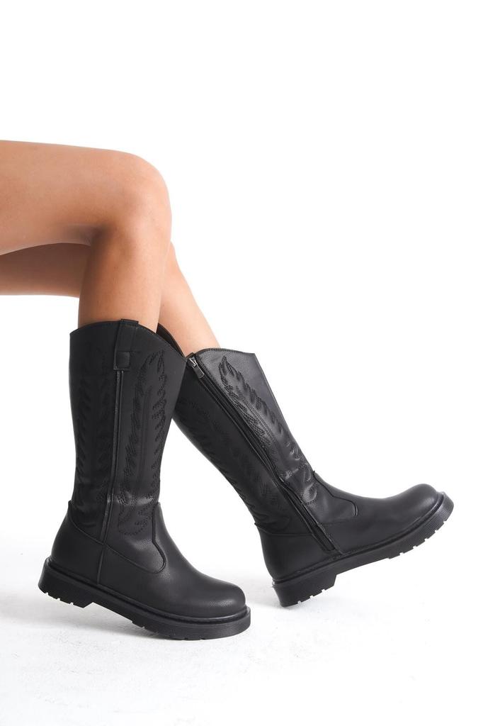 Moderne, stilvolle Mode-Stiefel für Damen, Kunstleder, hellbraun, matt, bestickter Reißverschluss, Western-Cowboystiefel