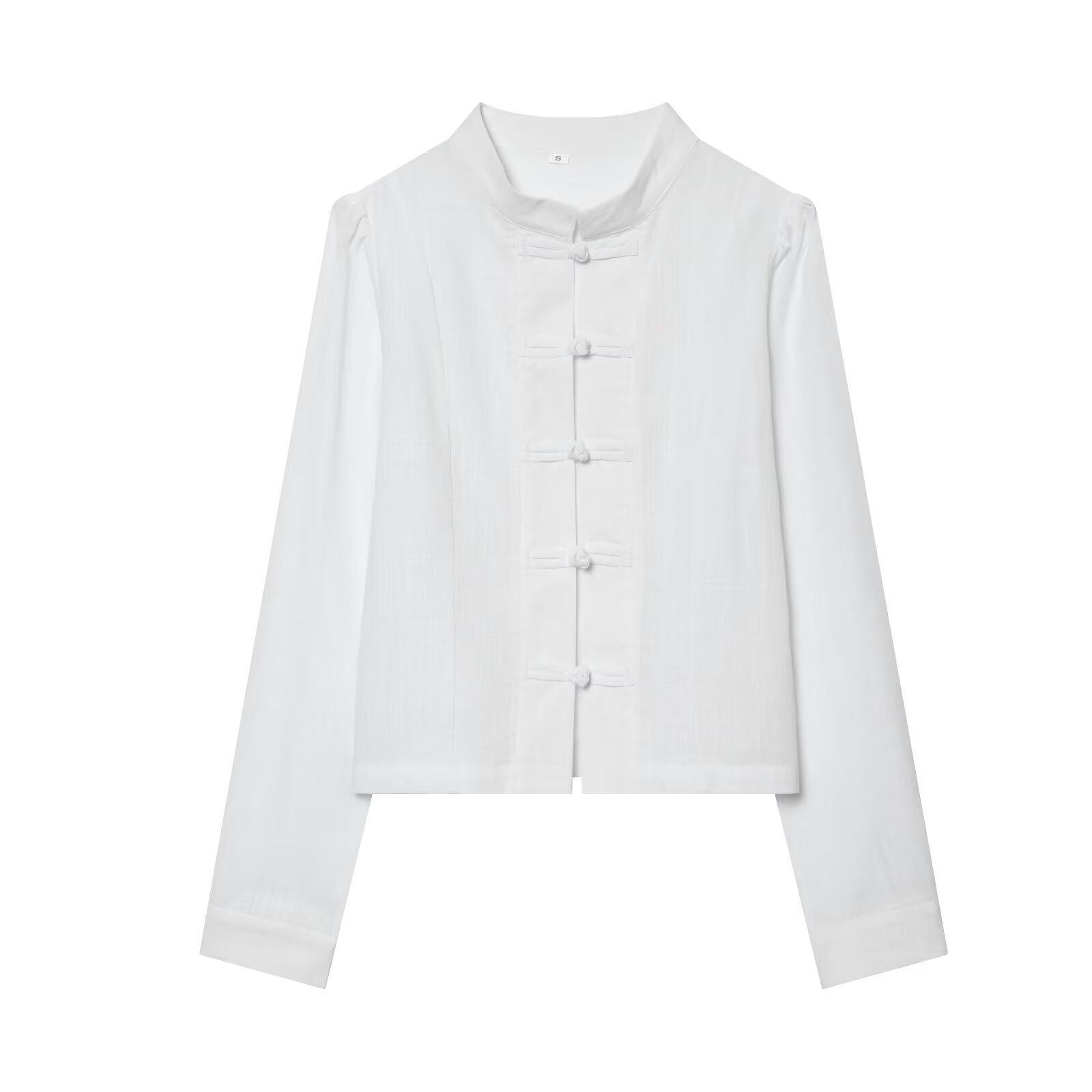 European and American style, new women s clothing, foreign style, fashionable, new Chinese style buckle stand-up collar waist shirt S белый