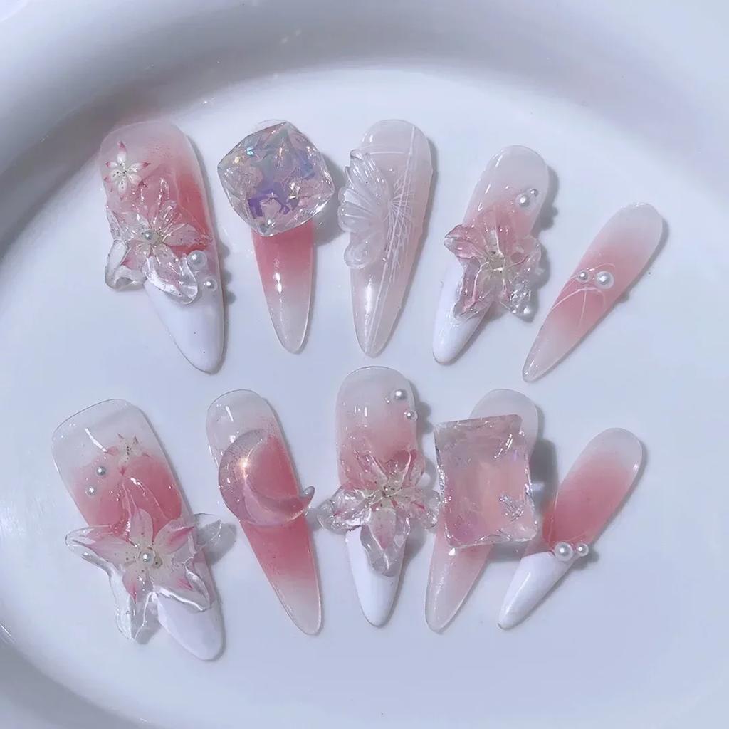 10 Pcs Long Almond Handmade Press On Nails With Heart Decoration Fake Nail Tips Stick On False Nails For Women