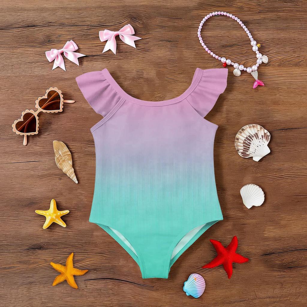 Girls One Piece Swimsuit Gradient Print Sleeveless Ruffle Shoulder Swimwear Summer Beachwear Kids Bathing Suit