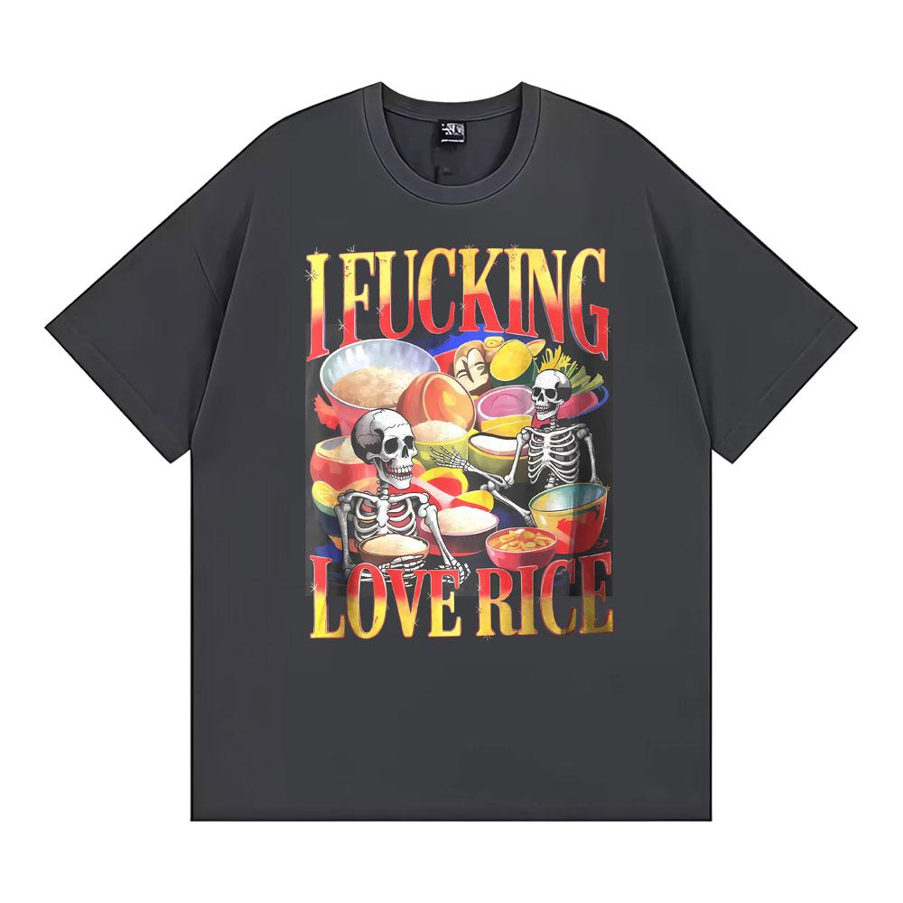 Funny Skeleton Rice Lover Edgy Foodie Meme Graphic Tee Shirt Unisex Women Retro High Quality Summer Tshirts Cotton Classic T Shirt