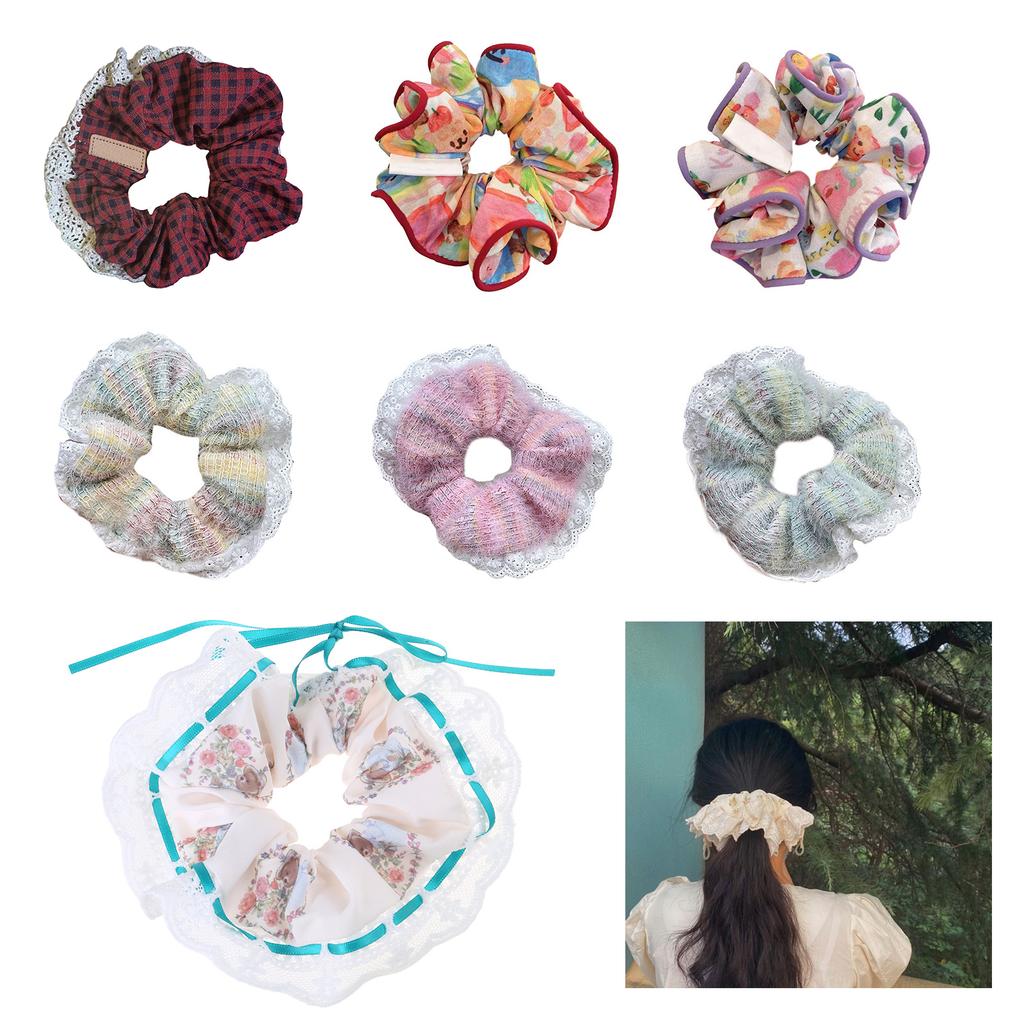 Large Scrunchies Lace Trim Vintage Floral Hair Scrunchy 90s Women Girls Thick Hair Accessory Hair Tie Ponytail Holder