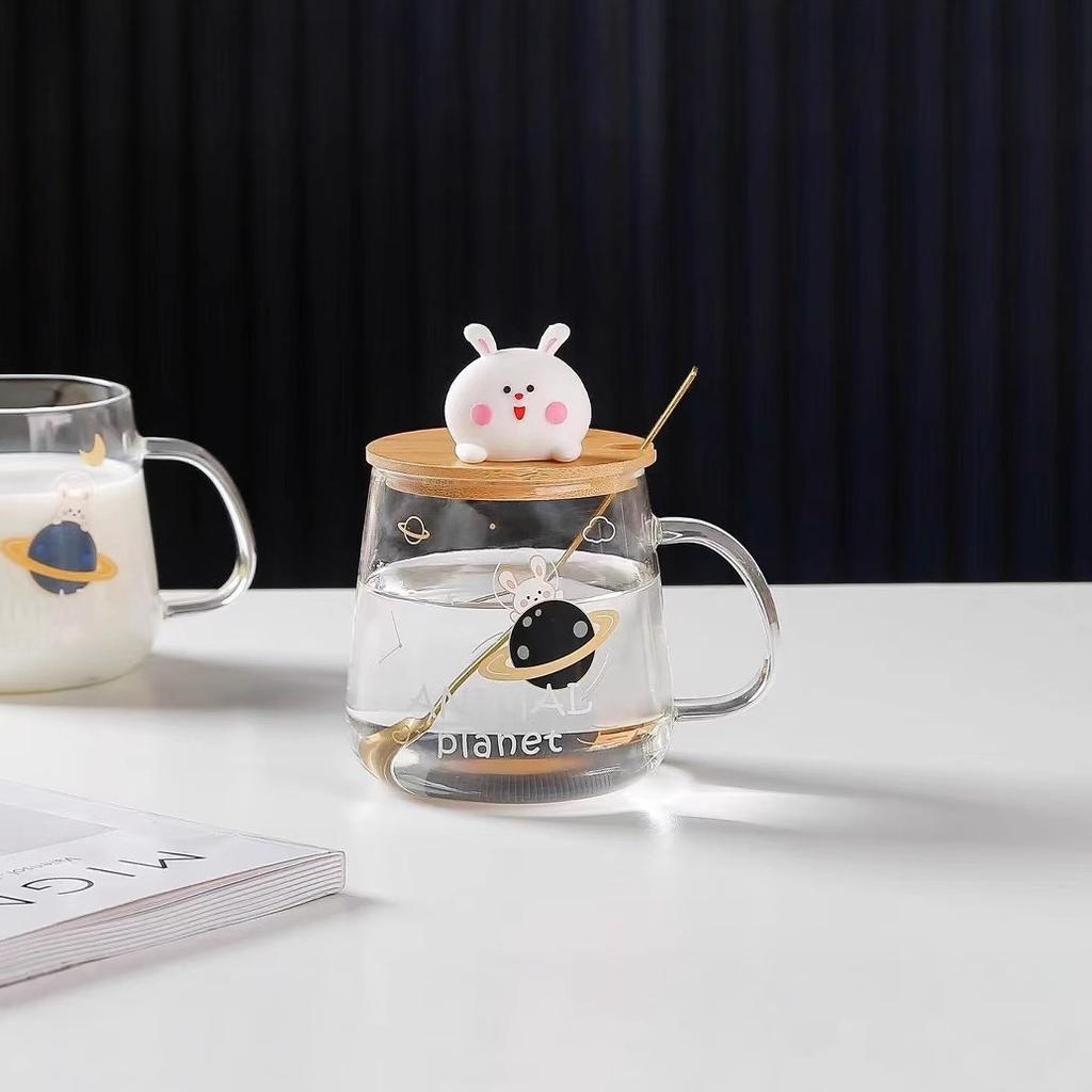 Hitzebeständige Glas-Milchtasse mit Griff Mikrowellenheizung Frühstückstasse mit Deckel Löffel für Haushalt Damen Flacher Boden Wasserbecher