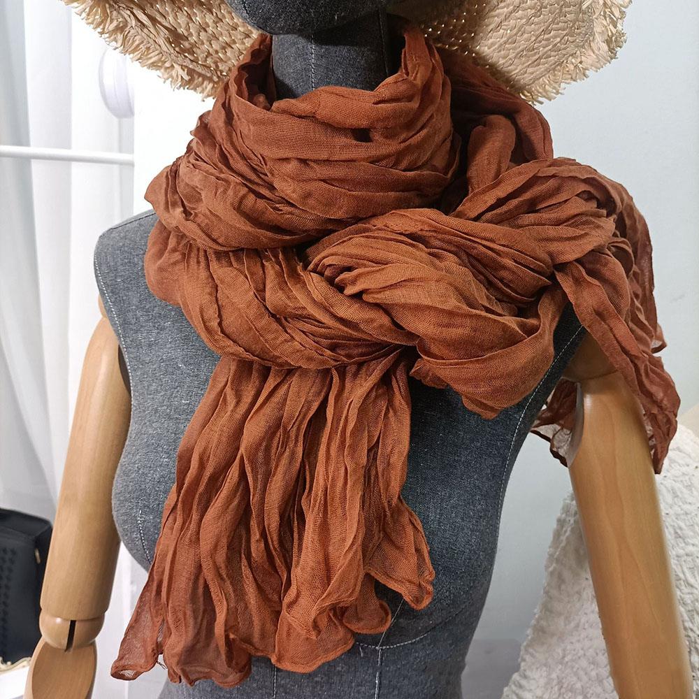 Winter Women Cotton Scarf Solid Color Pleated Long Scarf Vintage Unisex Scarf Warm Neck Warmer Retro Inspired Scarves 180x90cm