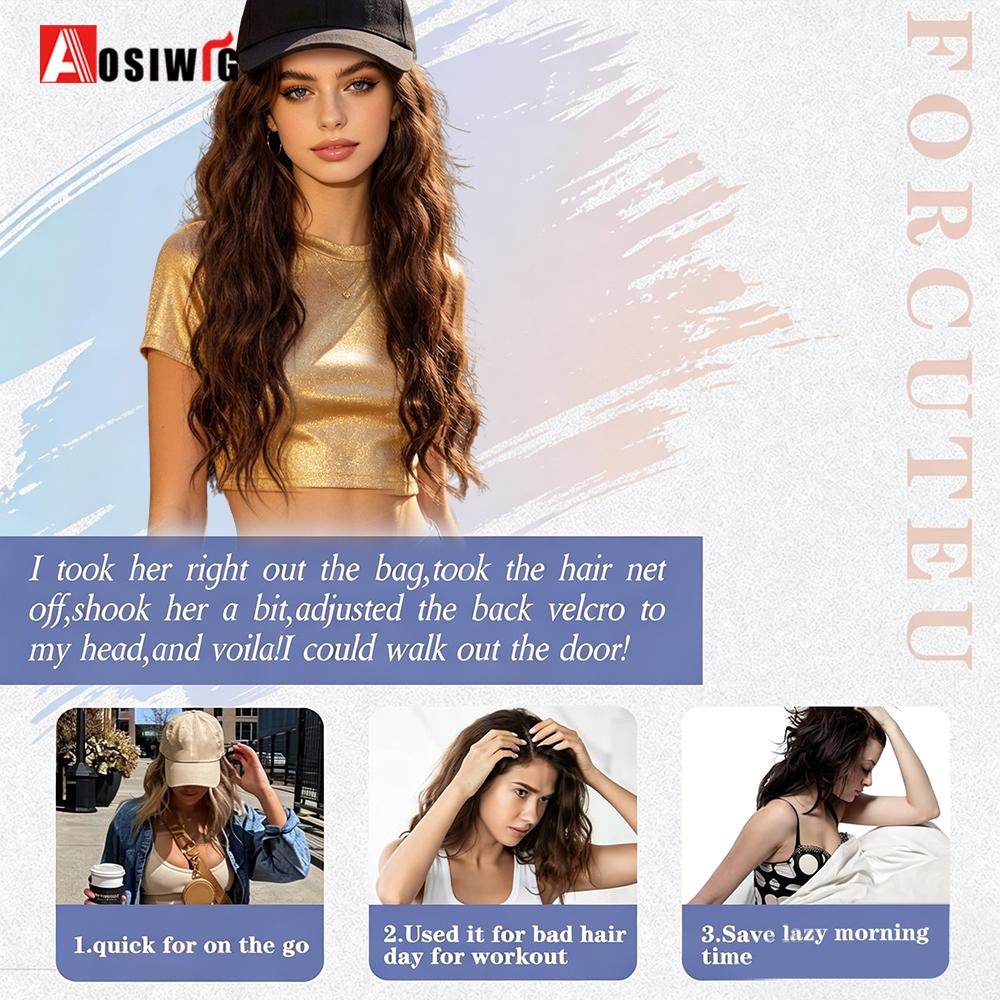 Synthetic Wig Hat with Natural Wave Hair Extensions Attached for Woman Baseball Cap Wig Black Curly Wavy Hairstyle Adjustable