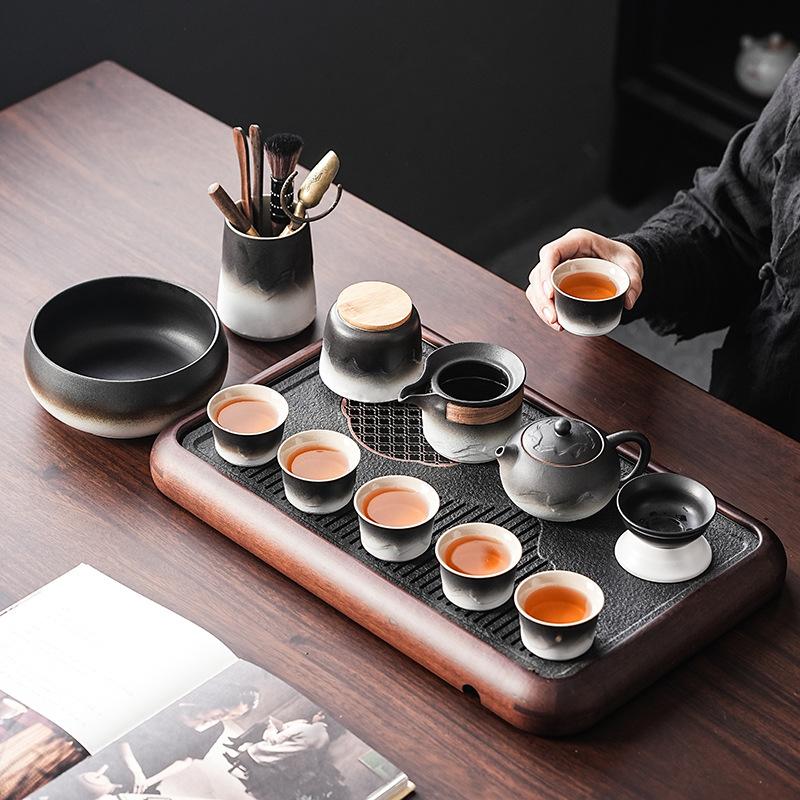 Japanese black pottery kung fu tea set retro gradual change home office living room teacup teapot tea set set gift
