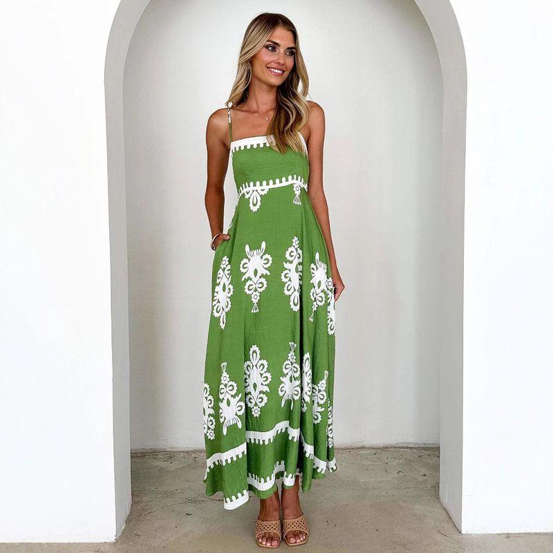 

European and American Summer New Suspender Dress Positioning Print Waist-Controlled Large Hem Chest-Wrapped Women s Dress Green S