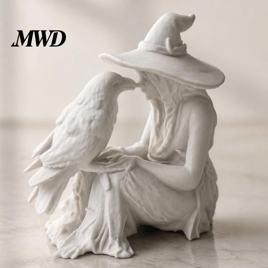 Unique Halloween Gift 3D Printed Witch Statue, Gothic And Raven Sculpture, Retro Style Room Decor Mystical Figurine for Home Desktop Shelf Mantel