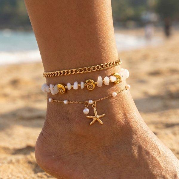 Starfish Shell Conch Imitation Pearl Anklet Bohemian Beach Vacation Style Fashion Accessory Holiday Gift
