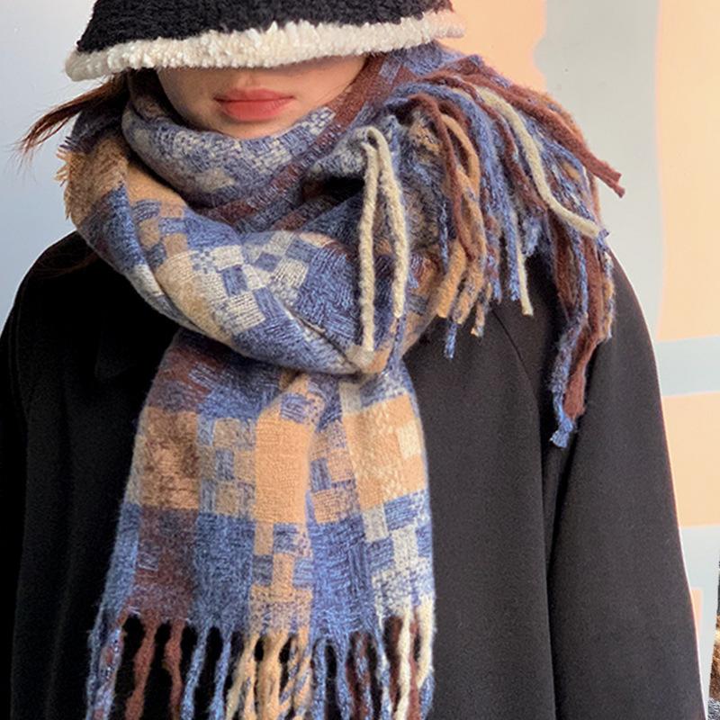 Contrast Color Plaid Scarf for Women Winter High-End Fleece-Like Cashmere Versatile Atmospheric Warm Neck Warmer