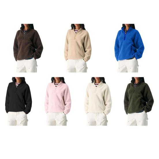 Women's Half Zip Pullover Fleece Jacket Long Sleeve Stand Collar Sherpa Sweatshirt with Pockets Fall Fuzzy Warm Outerwear