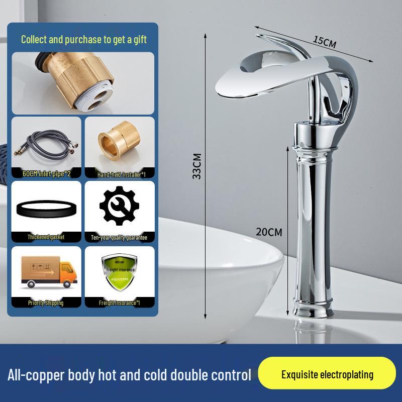 Copper Dual-Use Waterfall Faucet, Splash-Proof, Hot/Cold, Undermount Installation for Washbasins