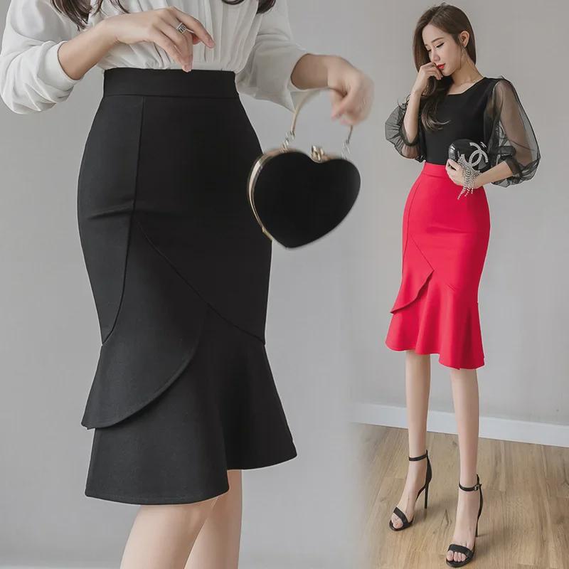 2022 Elegantní volánová bodycon sukně pro dojíždění se zipem, plus size, elastický střih