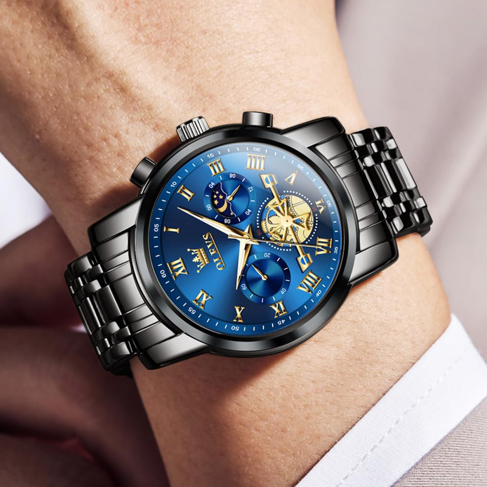 OLEVS Stylish Chronograph Popular Brand for Waterproof Quartz Wristwatch Men's Watch, Business, Large, Easy-to-Read Analog, (Black/Blue)