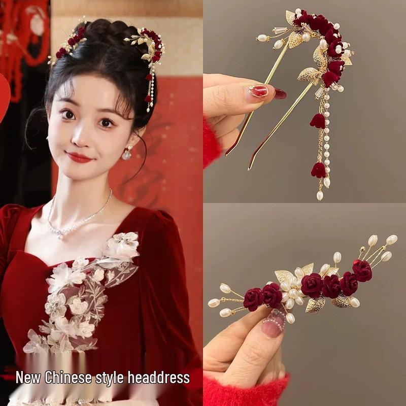 Red Camellia Tassel Hair Clips for Bridal Updo or Evening Gown