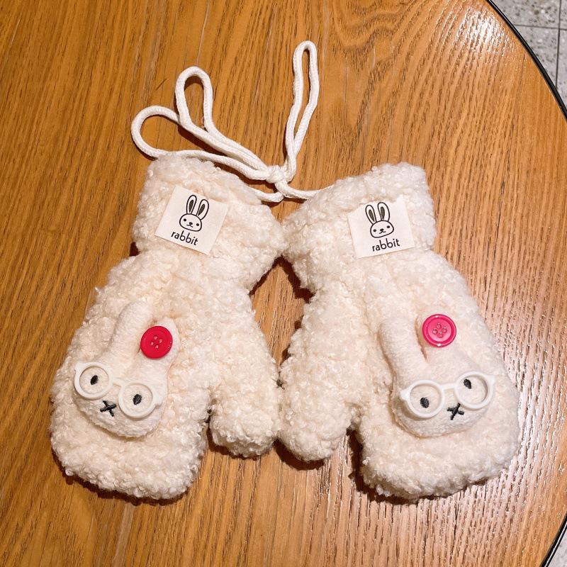 Charming Cartoon Rabbit Plush Gloves - Warm Velvet Lined Winter Mittens for Women and Students