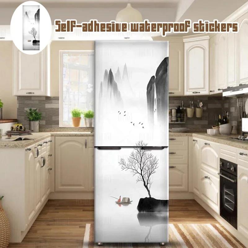 Chinese Style Refrigerator Door Sticker Self Adhesive Waterproof 3D Wallpaper Fridge Door Wrap Mural Cover Home Kitchen Decor