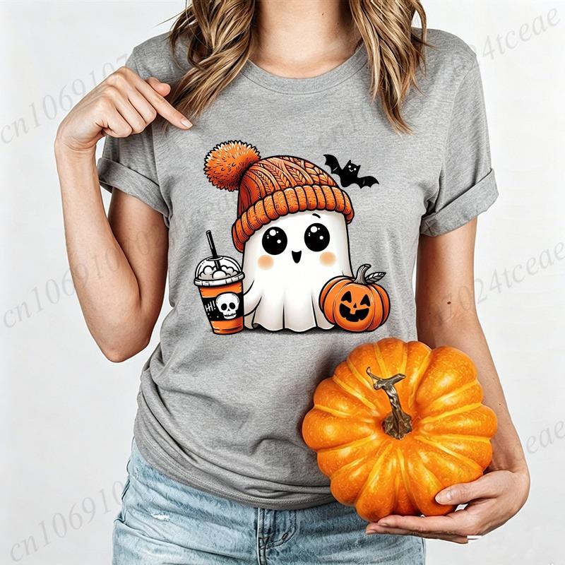 Cute-Ghost-Pumpkin Spice Fall Halloween Design Graphic T-Shirt Oversized Tee for Women Unisex Wear Blouse Spooky Season Gifts