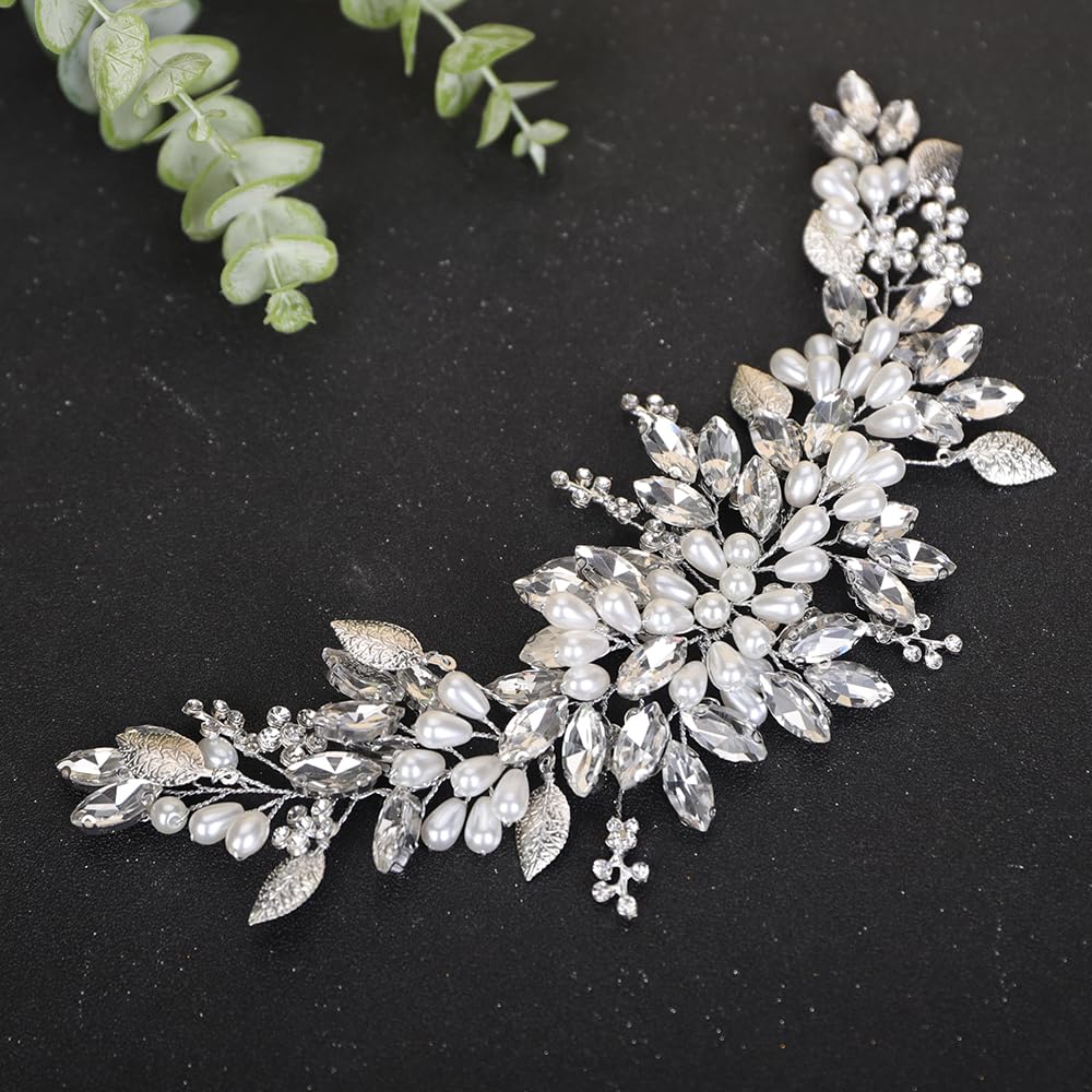 Boho Kristalle Silberblatt Haarband Hochzeit Braut Perlen Kopfschmuck Handgefertigte Haaraccessoires (Silber)