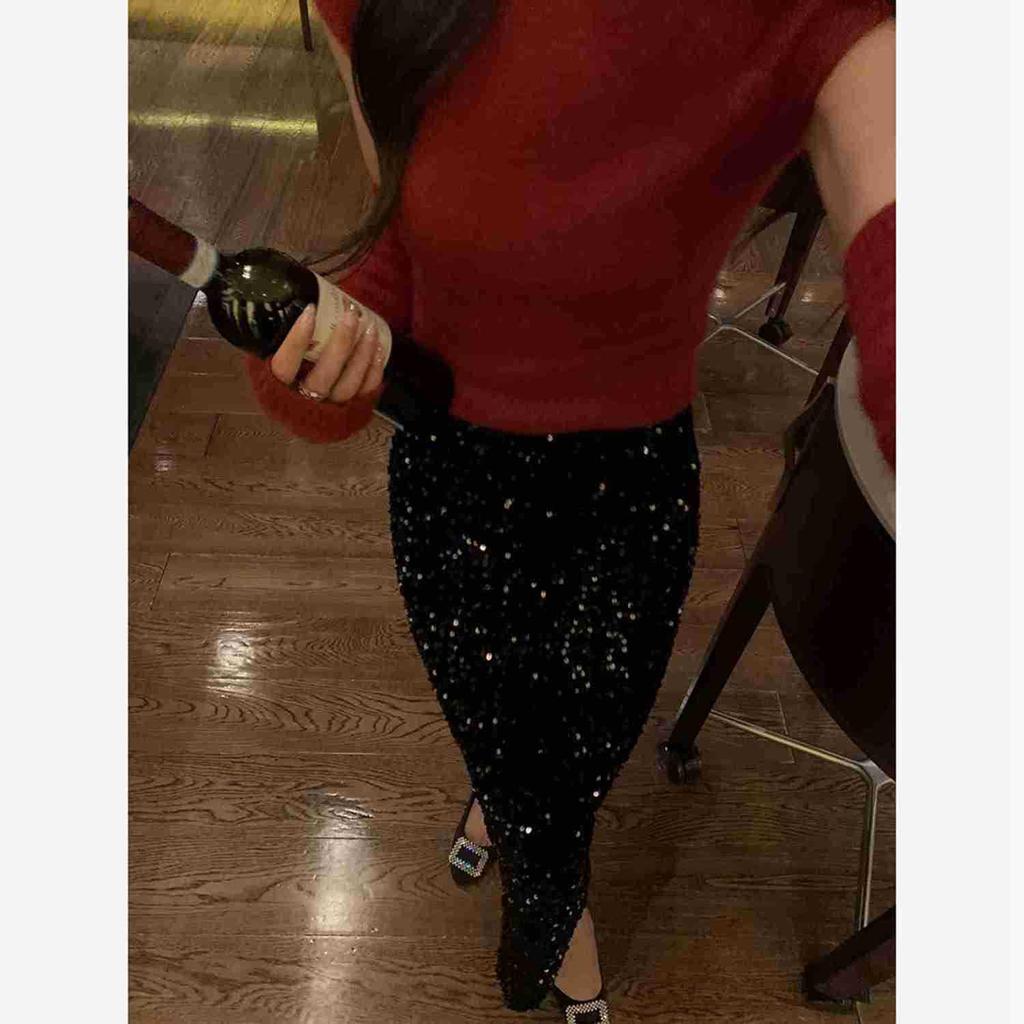 2025 High Waist Sequined Midi Skirt with Elastic Back Slit for Women