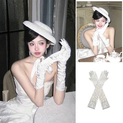 White Satin Long Gloves Lace Long Finger Mittens Retro Wedding Bridal Gloves  Dress Accessories