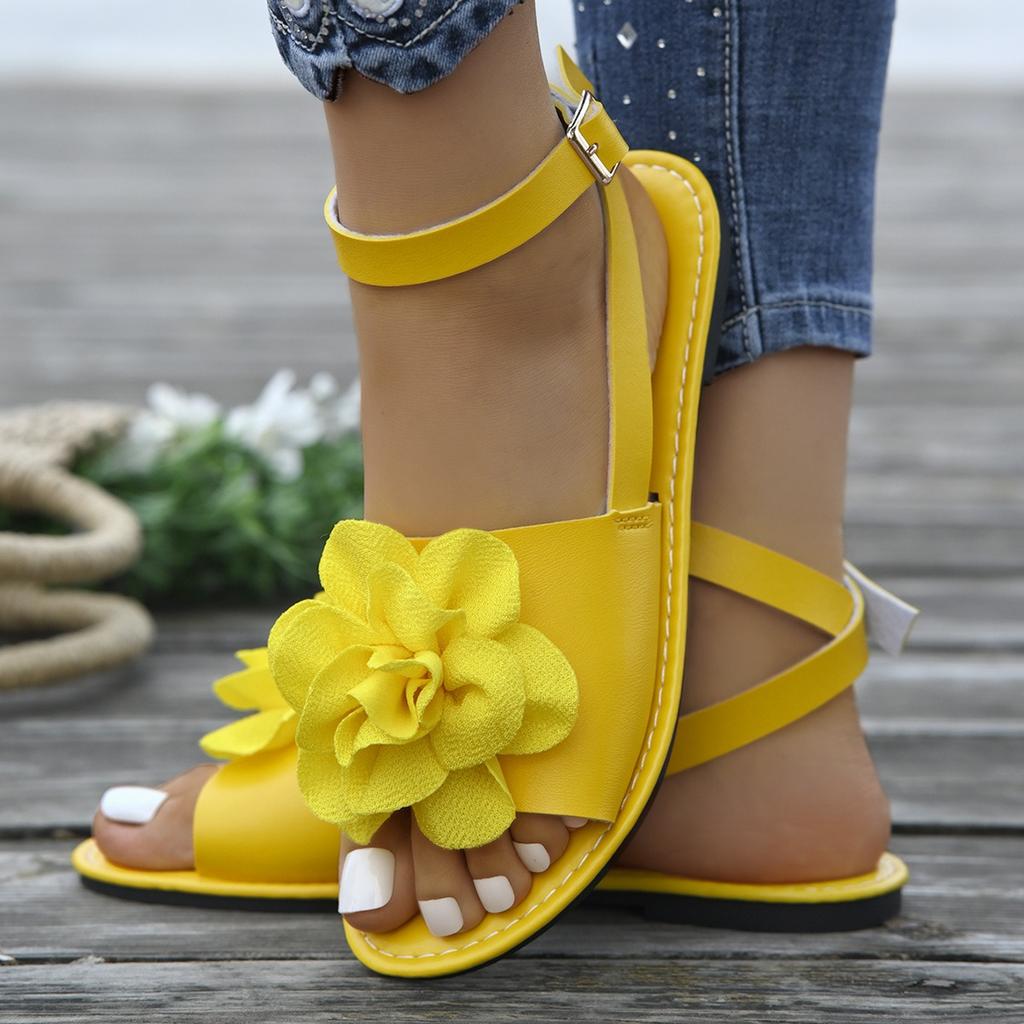 Women's Casual Flat Shoes,Flower Decoration Buckle Strap,Bow Ankle,One Strap,Fashion Sandals,Suitable for Summer Outdoor