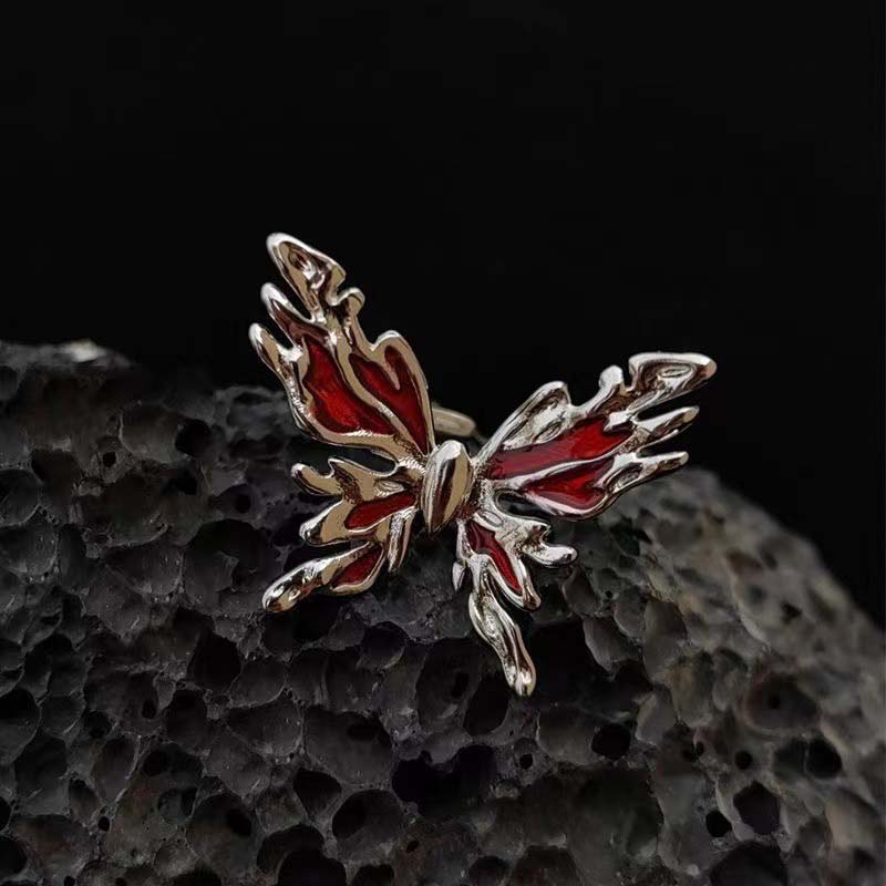 Punkowe Gotyckie Czerwone Kryształowe Pierścionki Motylkowe Dla Kobiet Vintage Metal Płynny Nieregularny Otwarty Regulowany Pierścionek Y2K Cyrkonia Prezent