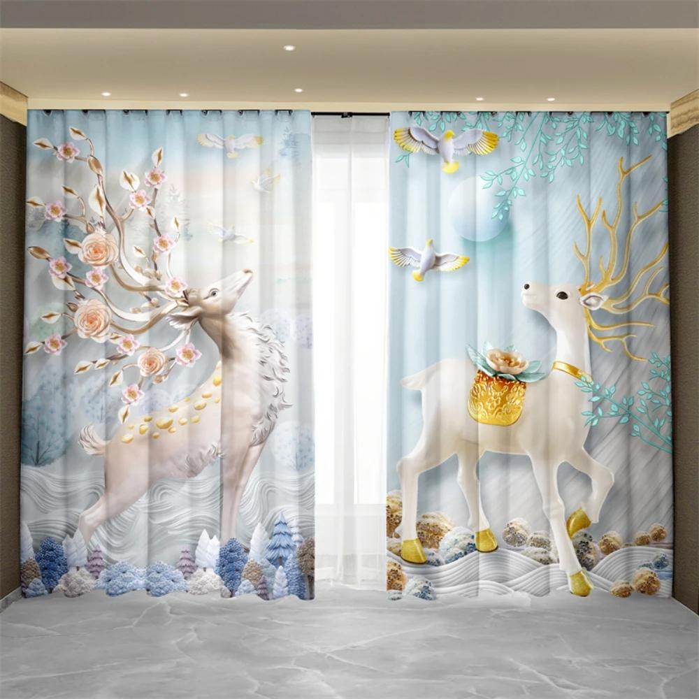 New Chinese Style Luxury Gold Elk Lucky Fortune Curtain Bedroom Living Room Kitchen Blinds Curtain 2 Panels High Shading New