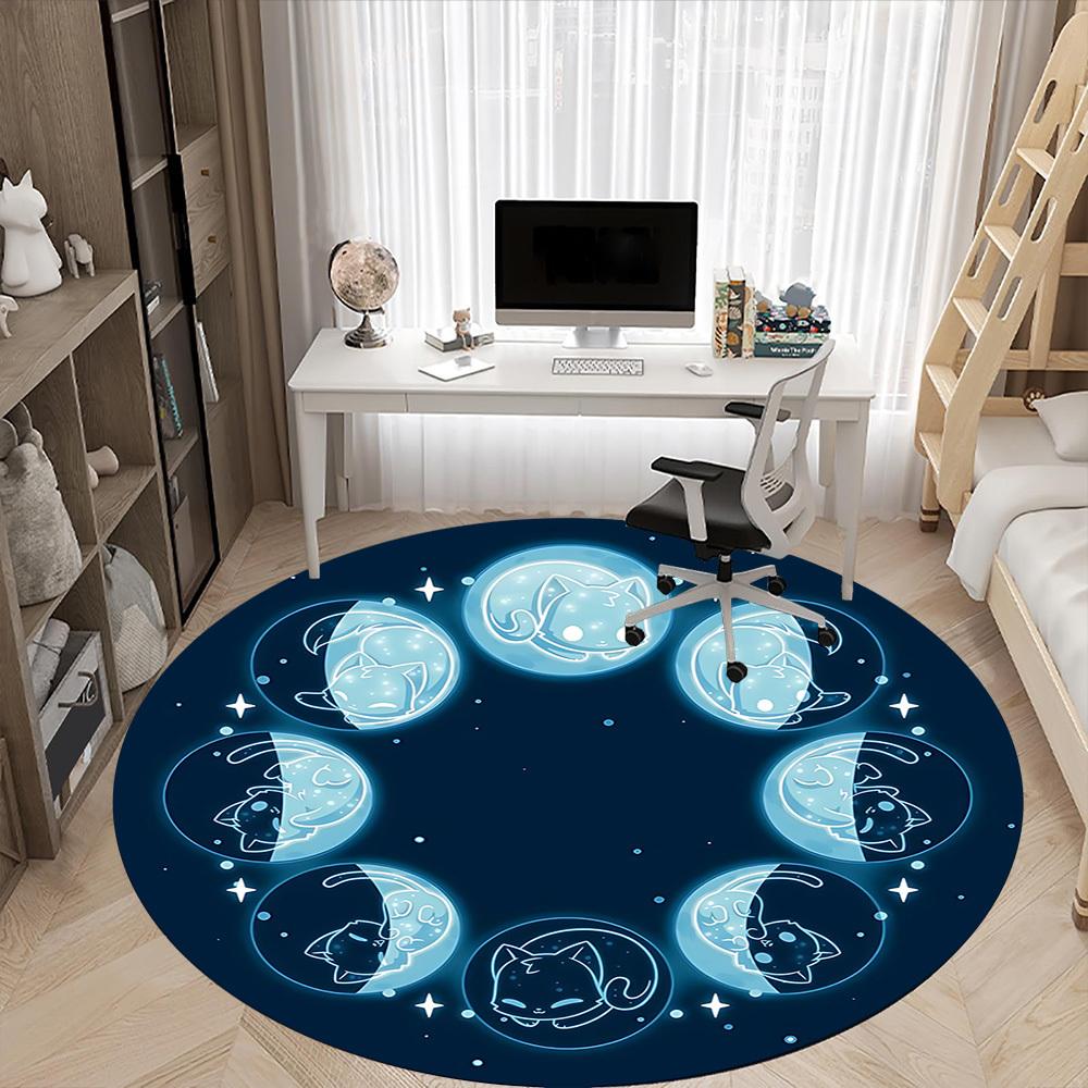 1pc Moon PhasesCat Office Round Area Rug, Indoor Mat Suitable For Office, Under Office Chairs Bedroom Living Room Home Decor, Room Deco