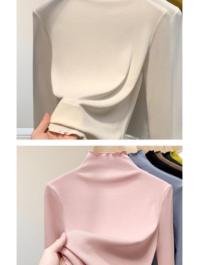 Women's Modal High Neck Long Sleeve Shirt - Elastic Slim Fit, Trendy Thin Style for Spring, Autumn, and Winter.