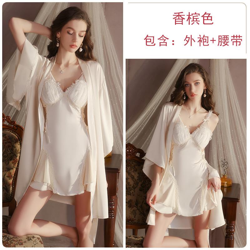 

Hot Deep V Plus Chest Pad Underwear Sweet Lace Sexy Smooth Satin Nightdress Robe Women s Suit one size fits all
