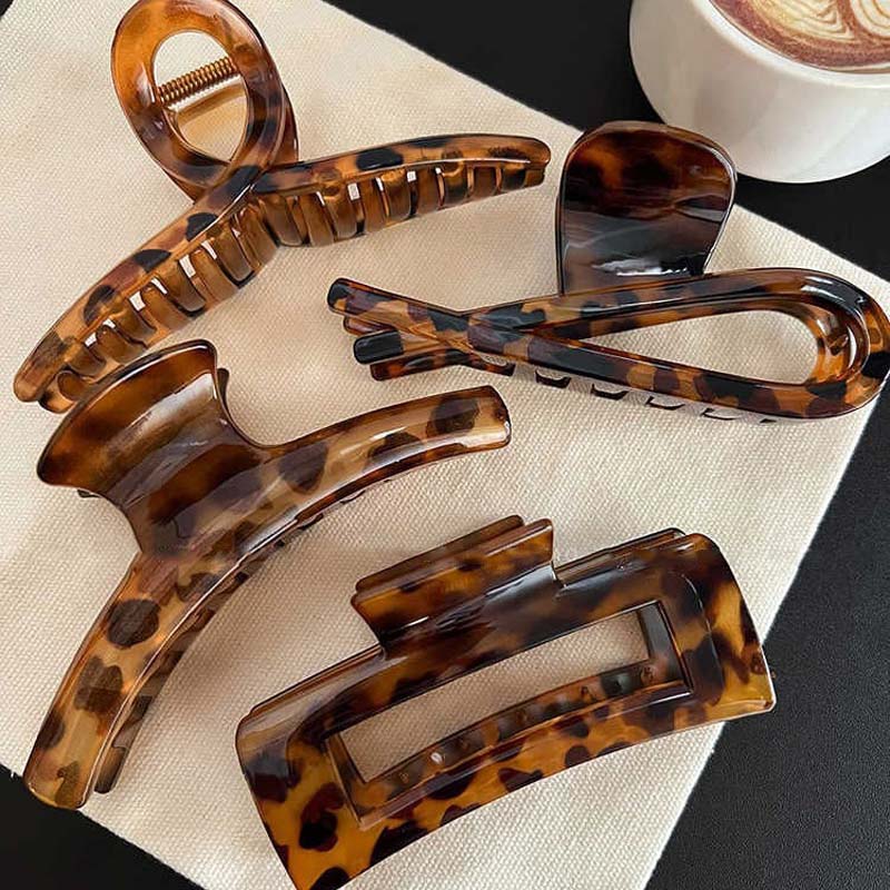 Vintage Leopard Print Arc Cross Square Hair Claws for Women Korean Acrylic Large Geometric Shark Clip Charm Head Accessories